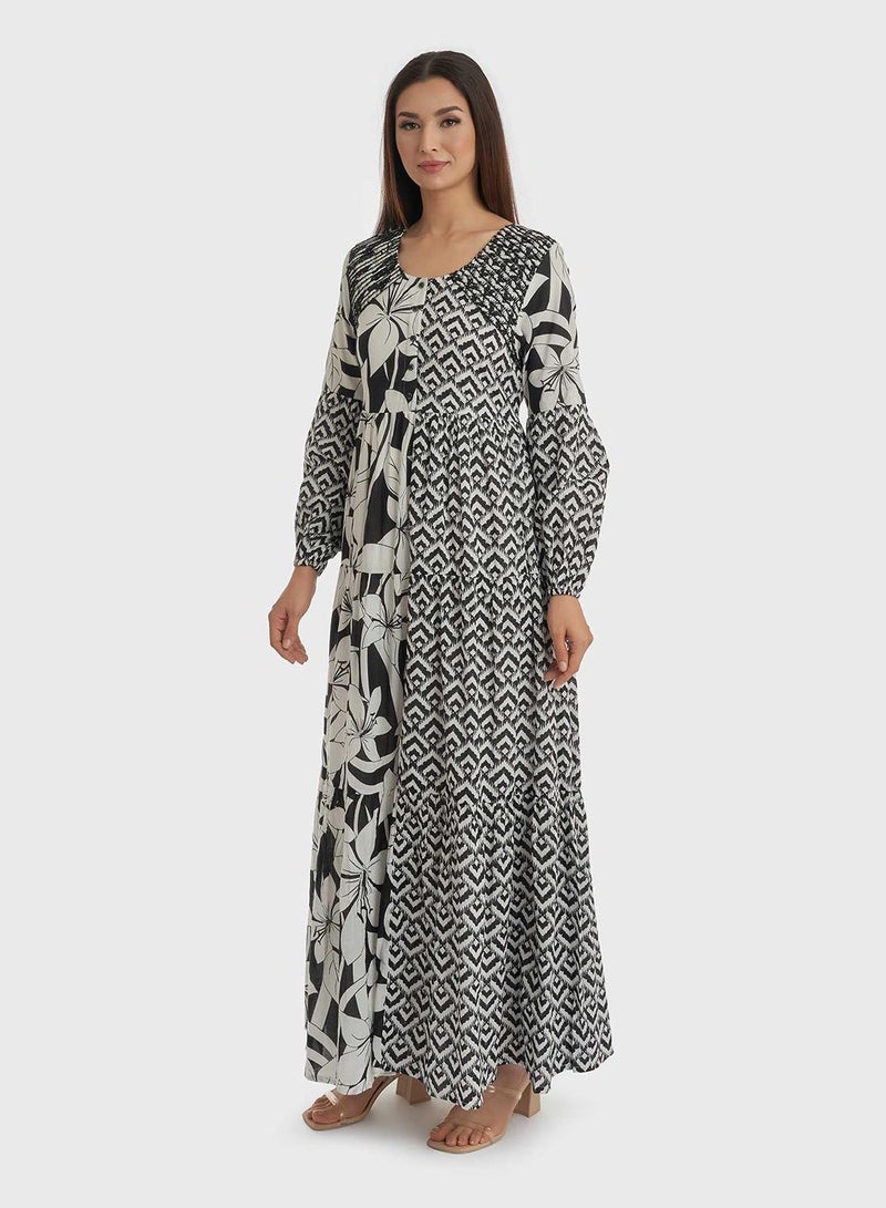 كشخة جلابية مرقعة متعددة الطبقات بأزرار وحزام - Image 3