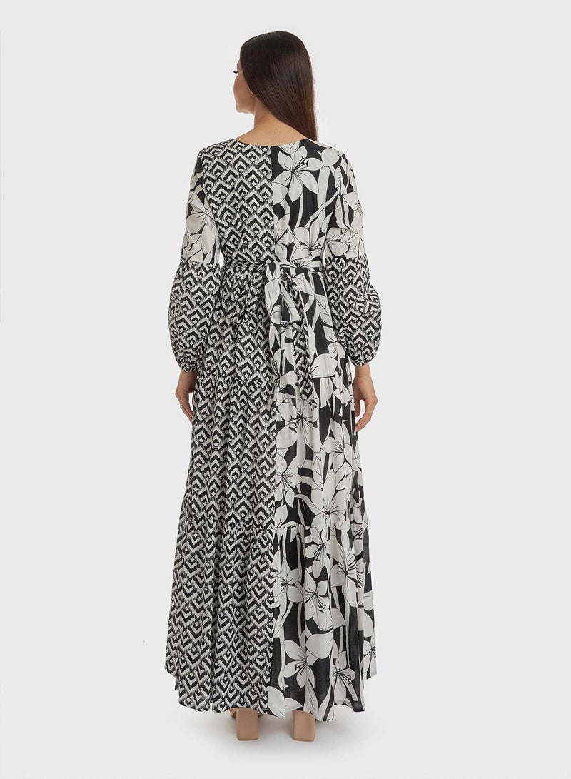 كشخة جلابية مرقعة متعددة الطبقات بأزرار وحزام - Image 4