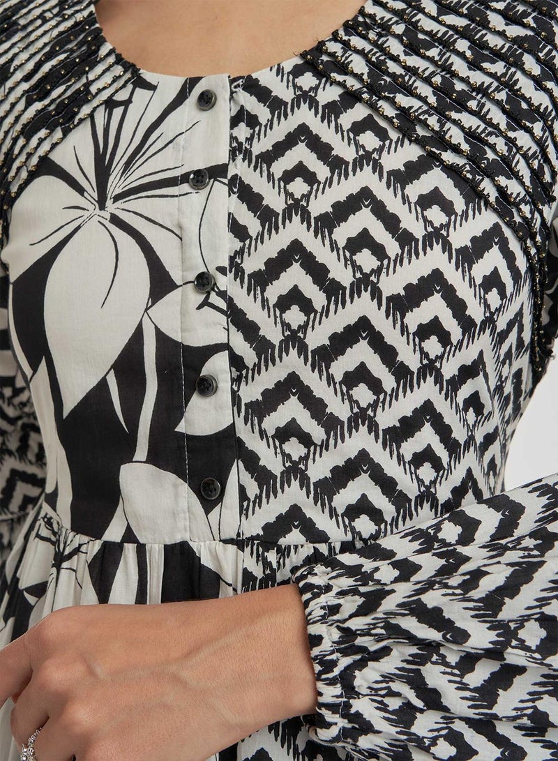 كشخة جلابية مرقعة متعددة الطبقات بأزرار وحزام - Image 5