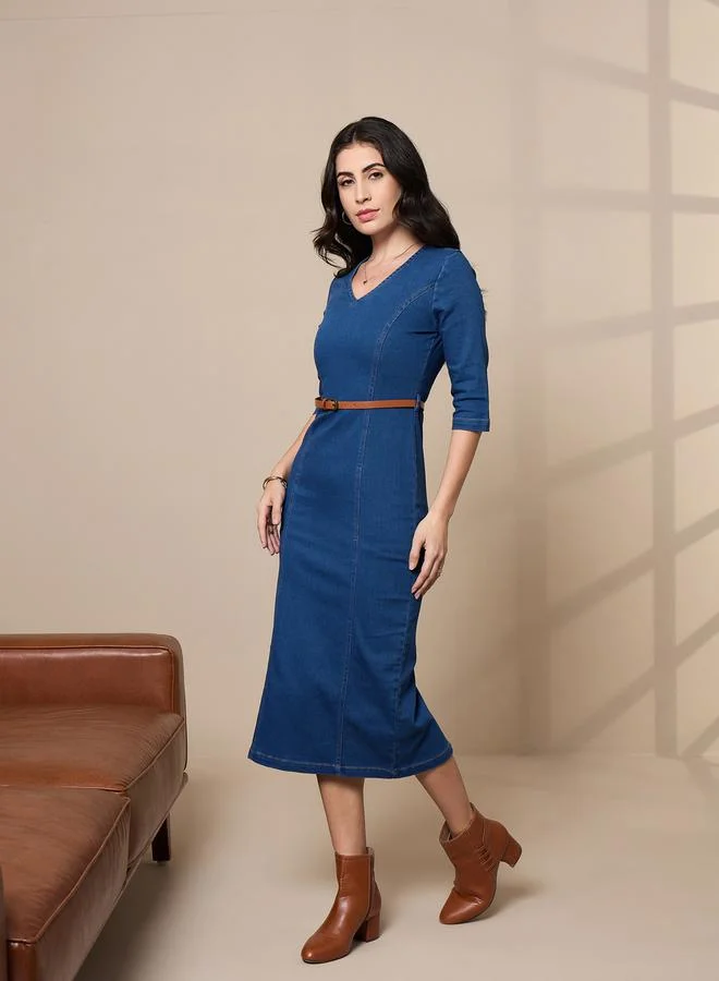 SASSAFRAS V Neck Denim Midi Dress with Contrast Stitch Detail by Styli