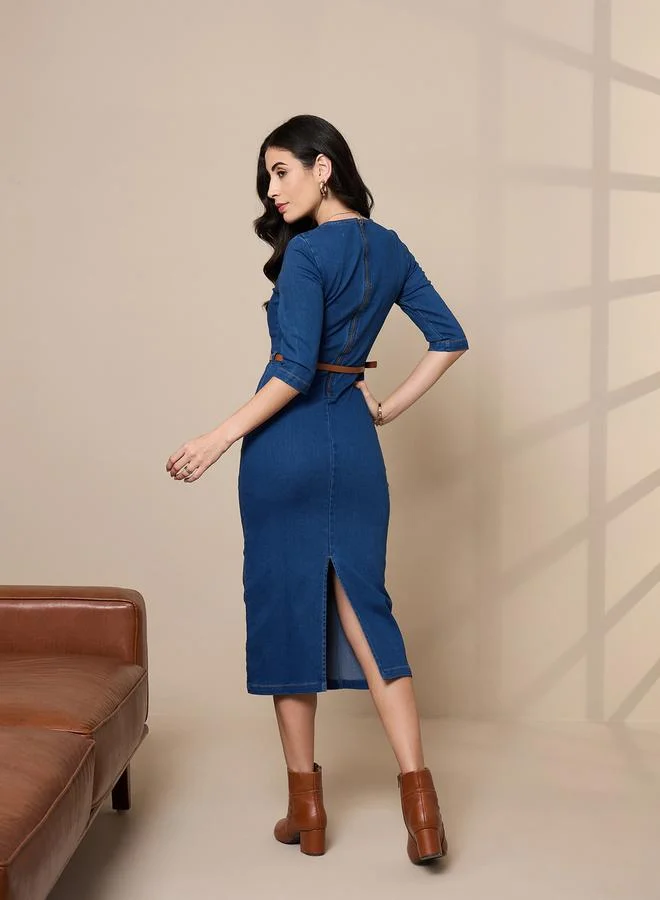SASSAFRAS V Neck Denim Midi Dress with Contrast Stitch Detail by Styli