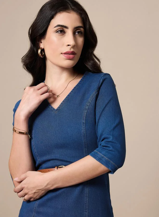 SASSAFRAS V Neck Denim Midi Dress with Contrast Stitch Detail by Styli