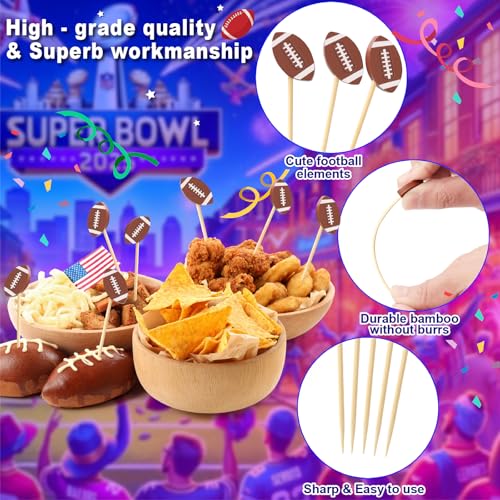 Vicuna R 100 Football Cocktail Picks, Decorative Fancy Toothpicks for Appetizers Drinks Fruit Food, 4.7 IN Long Bamboo Skewers Charcuterie Sticks for Rugby Ball Super Bowl Party Supplies Football Themed Decor - Image 4