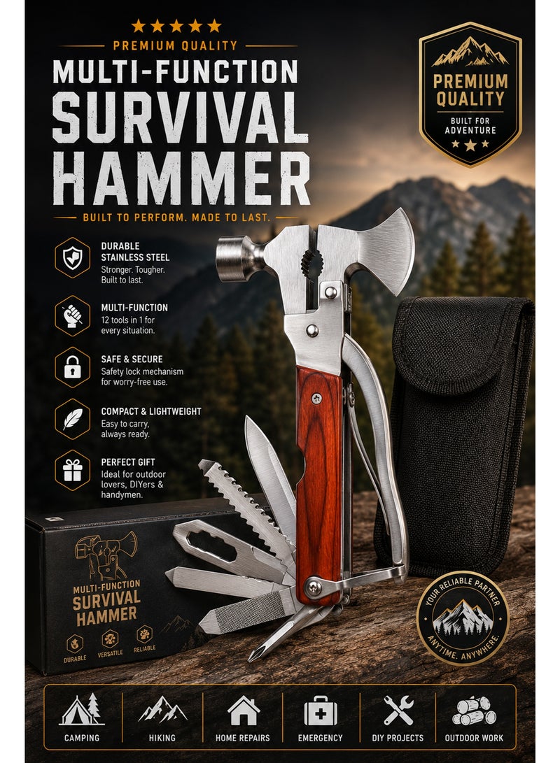Multi-Function Survival Hammer 12-in-1 – Portable Camping Multi Tool with Axe Hammer Knife Saw Screwdriver Bottle Opener Pliers and Carry Pouch for Outdoor Emergency Hiking DIY Repairs - Image 4