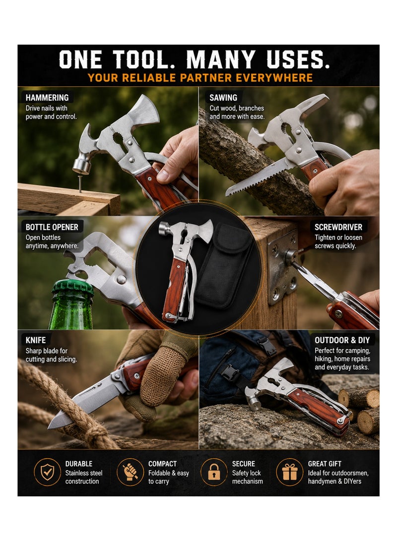 Multi-Function Survival Hammer 12-in-1 – Portable Camping Multi Tool with Axe Hammer Knife Saw Screwdriver Bottle Opener Pliers and Carry Pouch for Outdoor Emergency Hiking DIY Repairs - Image 3