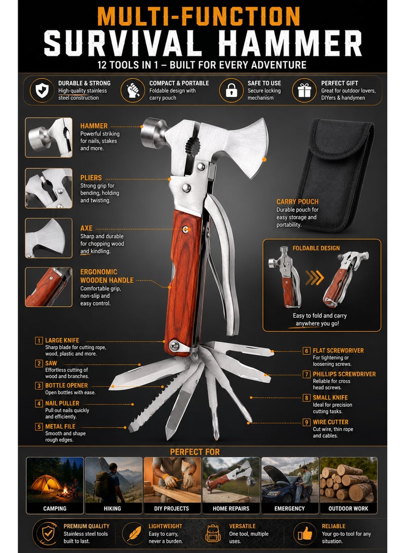 Multi-Function Survival Hammer 12-in-1 – Portable Camping Multi Tool with Axe Hammer Knife Saw Screwdriver Bottle Opener Pliers and Carry Pouch for Outdoor Emergency Hiking DIY Repairs - Image 2
