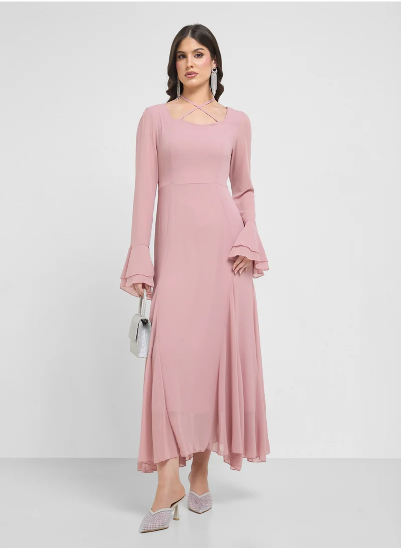 Khizana Cross Neck Dress With Bell Sleeved