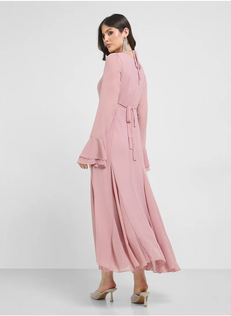 Khizana Cross Neck Dress With Bell Sleeved