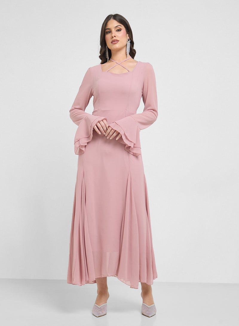 خزانة فستان بياقة متقاطعة وأكمام الجرس - Image 4