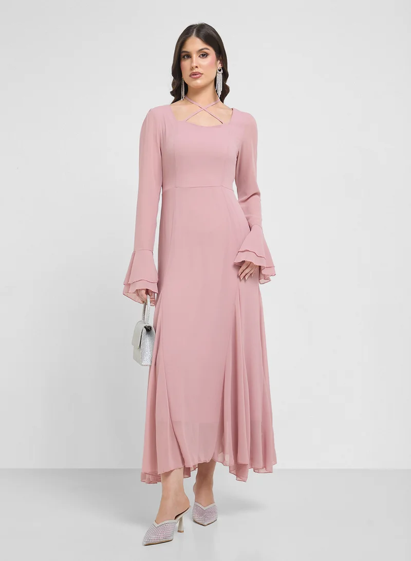 Khizana Cross Neck Dress With Bell Sleeved