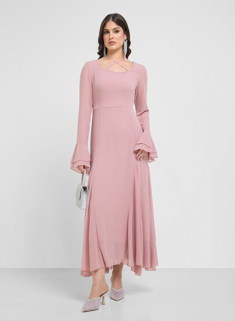 خزانة فستان بياقة متقاطعة وأكمام الجرس - Image 1