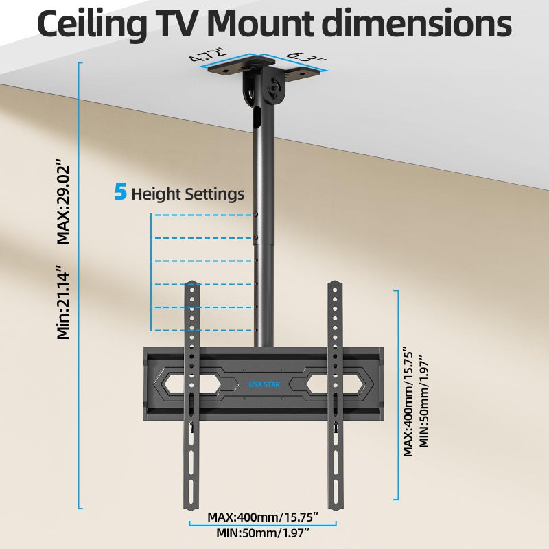 USX STAR Ceiling TV Mount for 26-65 inch TVs, 360Â° Swivel Full Motion Ceiling Mount TV Bracket, Height Adjustable, Tilt TVs Ceilings Mounts, Supports up to 110 Lbs, Max VESA 400x400mm - Image 5