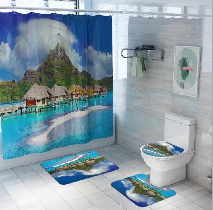 Y&D New 4PCS Polyester Shower Curtain Waterproof Bath Rug Mat Set Rug Toilet Lid Cover Floor Carpet Foot Pad Set for Home Bathroom - Image 1