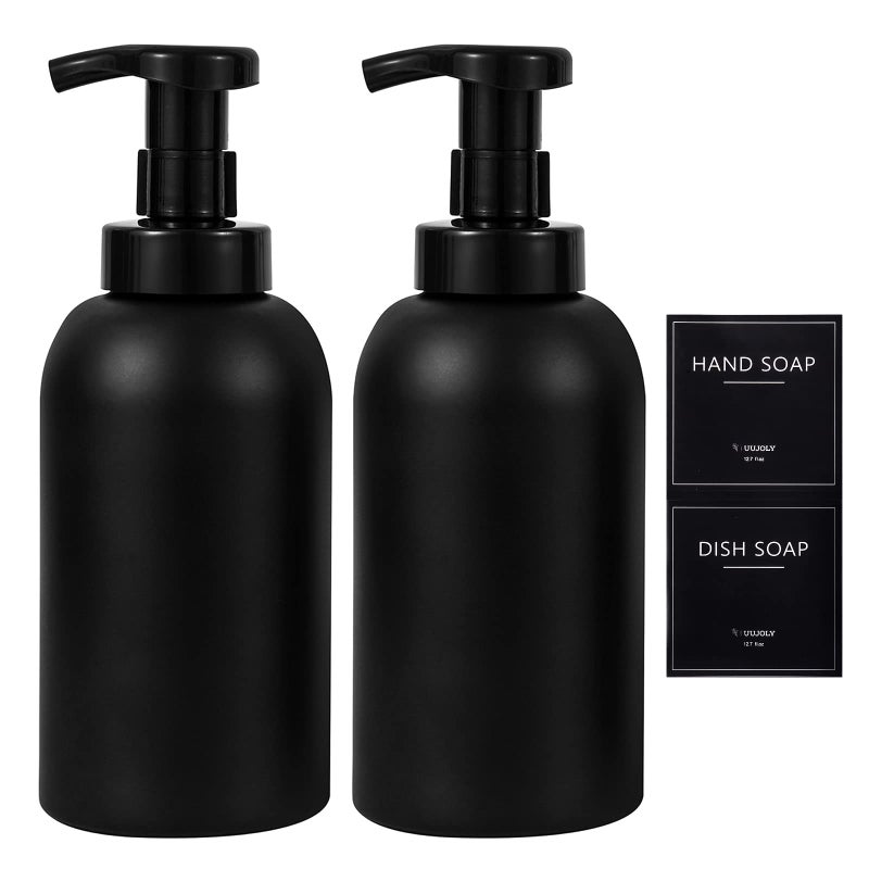 UUJOLY Foaming Hand Soap Dispenser Glass Jar Foam Dish Soap Dispenser for Bathroom and Kitchen Sink Liquid Pump Bottle for Shampoo Body Wash Black 2 Pack - Image 3