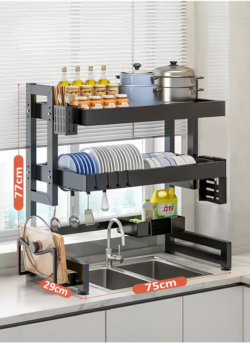 Taimi 2-Tier Over Sink Dish Drying Rack, Over Sink Plate and Cup Organizer with Cutlery Basket, Knife Holder and Cutting Board Holder for Kitchen and Restaurant Black - 75x29x77CM  - Image 1