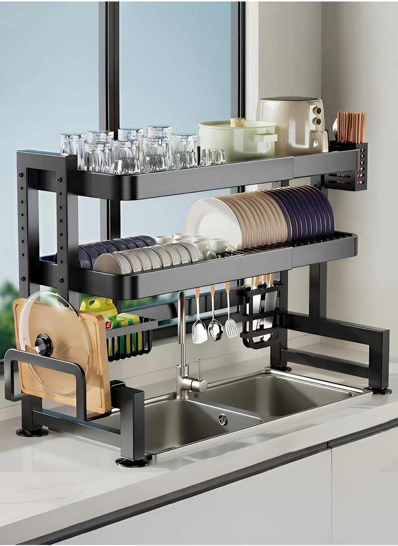 Taimi 2-Tier Over Sink Dish Drying Rack, Over Sink Plate and Cup Organizer with Cutlery Basket, Knife Holder and Cutting Board Holder for Kitchen and Restaurant Black - 75x29x77CM  - Image 3