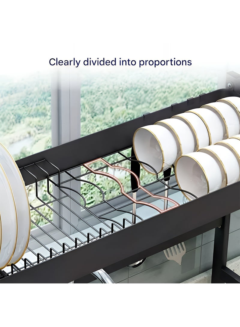 2-Tier Over Sink Dish Drying Rack, Over Sink Plate and Cup Organizer with Cutlery Basket, Knife Holder and Cutting Board Holder for Kitchen and Restaurant Black - 75x29x77CM