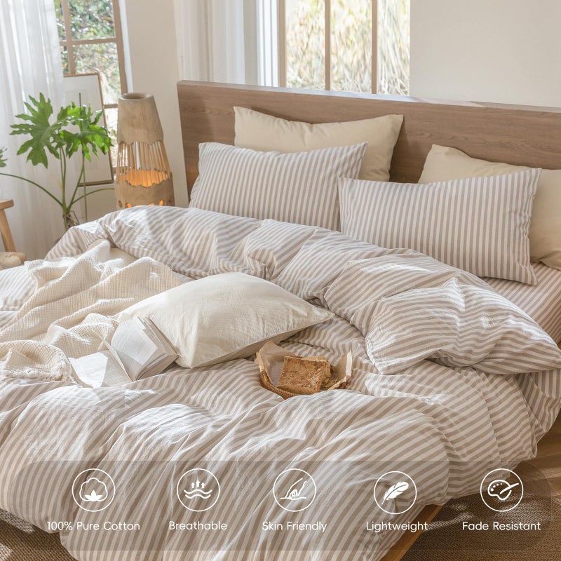 MooMee Striped Duvet Cover Set 100% Washed Cotton Linen Like Textured Breathable Durable Soft Comfy (Tannish Linen Grey White Classic Stripes, King 104"x90") - Image 4
