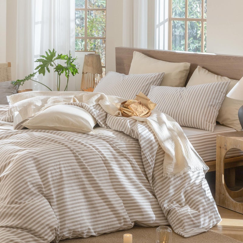 MooMee Striped Duvet Cover Set 100% Washed Cotton Linen Like Textured Breathable Durable Soft Comfy (Tannish Linen Grey White Classic Stripes, King 104"x90") - Image 3