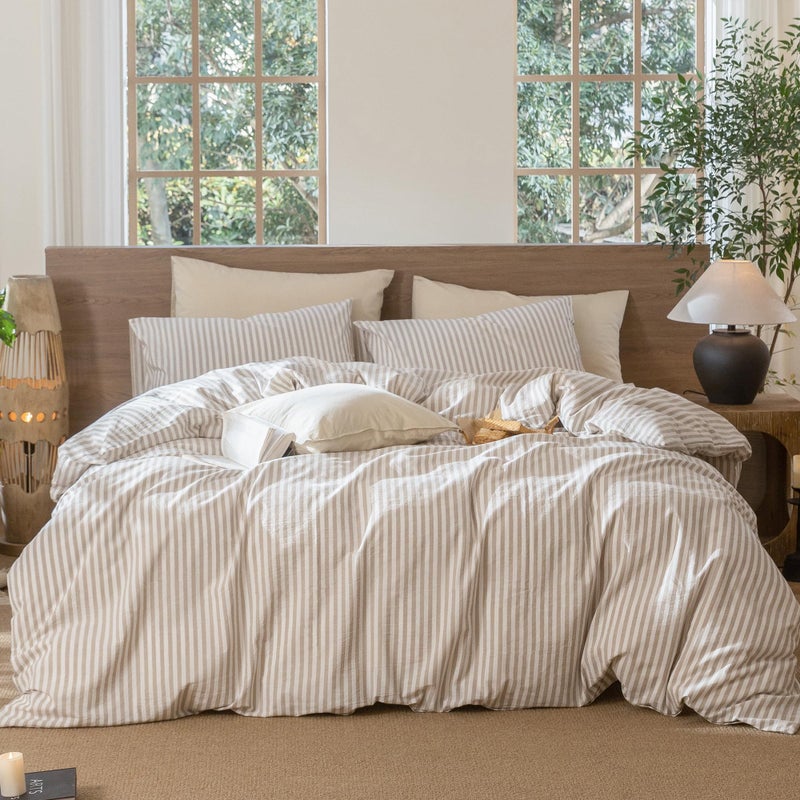 MooMee Striped Duvet Cover Set 100% Washed Cotton Linen Like Textured Breathable Durable Soft Comfy (Tannish Linen Grey White Classic Stripes, King 104"x90") - Image 1