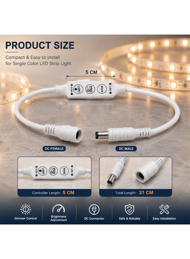 Melfi 3 Keys Mini LED Strip Light Controller Dimmer for 3528/5050 SMD Single Color LED Strips with DC Connector, DC 12V, Brightness Adjustable (Pack of 2) - Image 2