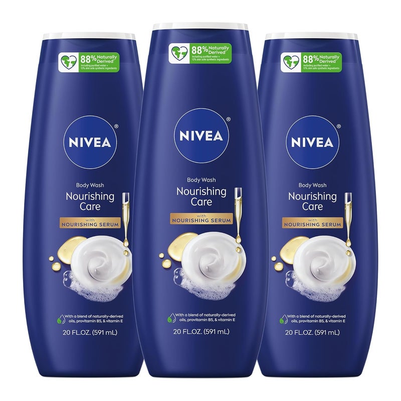 Nivea غسول الجسم من نيفيا للعناية المغذية مع سير مغذي، غسول مرطب للجسم للنساء، غني بالبروفيتامين B5 وفيتامين E، زجاجة سعة 20 أونصة سائلة، عبوة 3 قطع