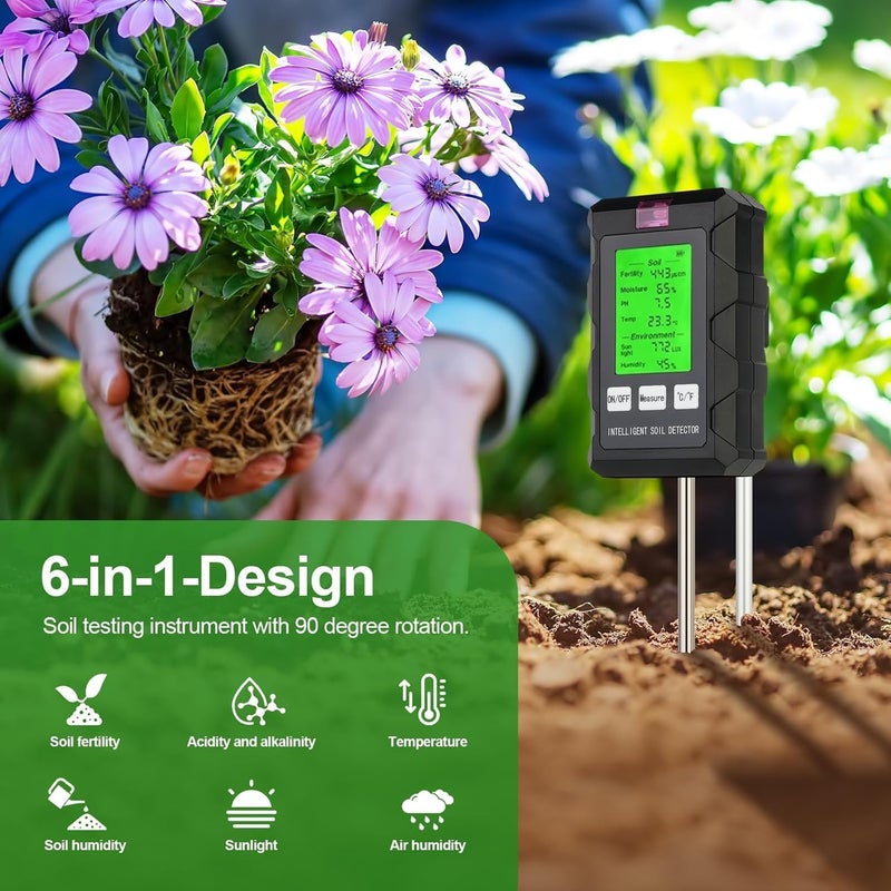 Meridian 6‑in‑1 Digital Soil Meter with Dual Probe – Measures Moisture, pH, Fertility, Temperature, Sunlight & Humidity for Garden, Lawn and Farm - CT - Image 2