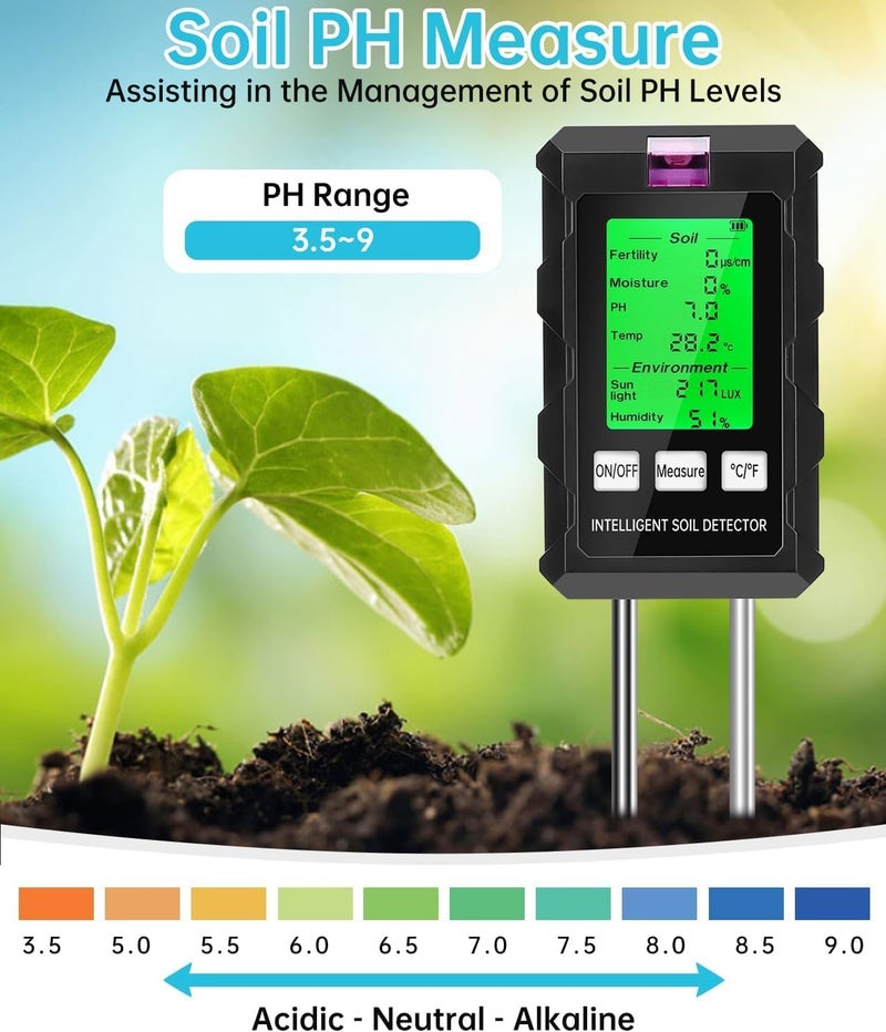 Meridian 6‑in‑1 Digital Soil Meter with Dual Probe – Measures Moisture, pH, Fertility, Temperature, Sunlight & Humidity for Garden, Lawn and Farm - CT - Image 5
