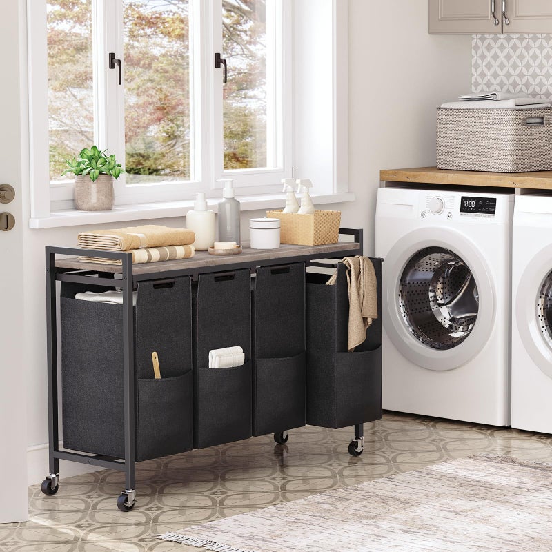 HOOBRO Laundry Sorter 4 Sections, Laundry Hamper with Wheels, 4 Ã— 10.5 Gal (39.8L), Rolling Laundry Basket, Pull-Out and Removable Oxford Fabric Bags, Greige and Black BG04XY01 - Image 2