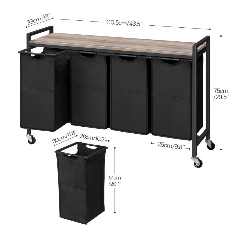 HOOBRO Laundry Sorter 4 Sections, Laundry Hamper with Wheels, 4 Ã— 10.5 Gal (39.8L), Rolling Laundry Basket, Pull-Out and Removable Oxford Fabric Bags, Greige and Black BG04XY01 - Image 3