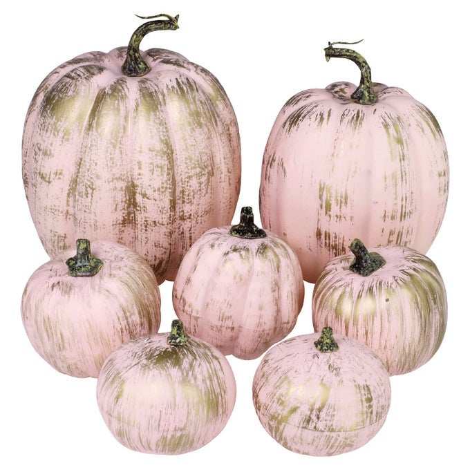 7 PCS ASSORTED ARTIFICIAL GOLD BRUSHED PINK PUMPKINS RUSTIC DECORATIVE FOAM PUMPKINS FOR FALL HALLOWEEN HARVEST WEDDING BABY SHOWER TABLETOP CENTERPIECE MANTEL KITCHEN DECORATION