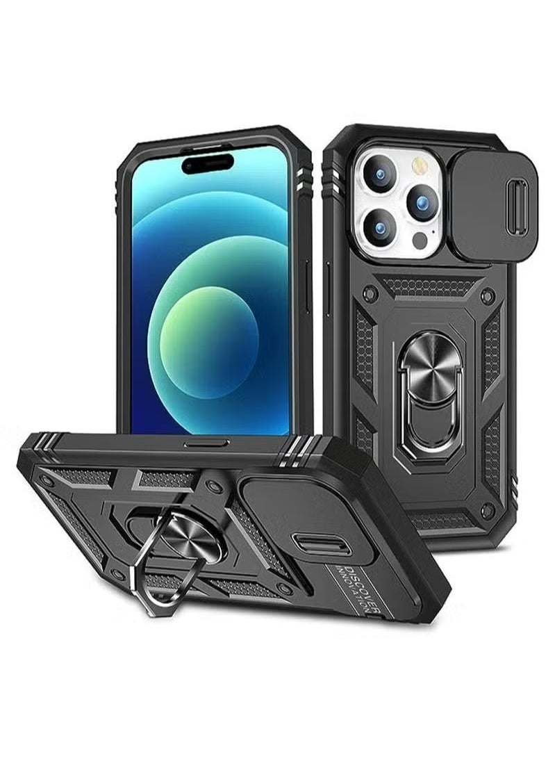 X-level iPhone 15 Pro Case Cover With 360° Rotate Magnetic Ring Kickstand Phone Holder And Slide Camera Len Cover Protector Anti-drop Anti-Scratch Anti-Dust Shockproof Protective Mobile Phone Accessory  - Image 1
