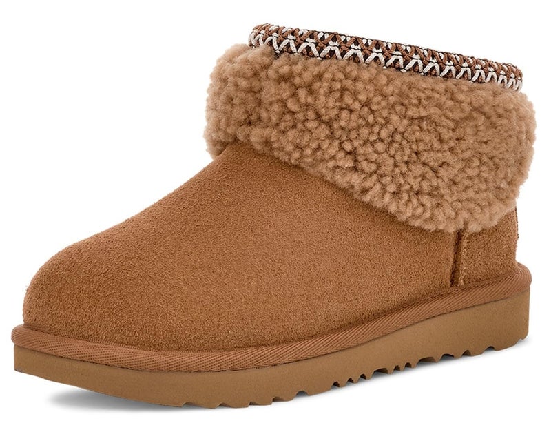 UGG Kids K Classic Ultra Mini Maxi Curly Boot, Chestnut, 6 - Image 1