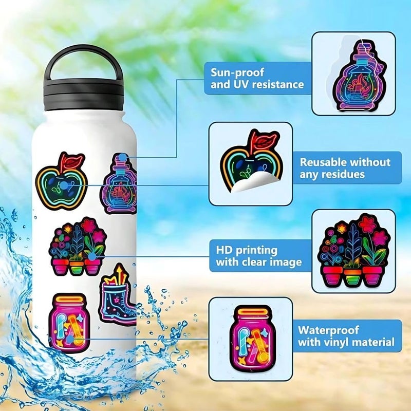 50 Pcs/Pack Neon Waterproof DIY Creative Cool Cartoon Sticker Set for Toys, Phones, Laptops, Water Bottles, Room Decor, Diverse Patterns - Image 4