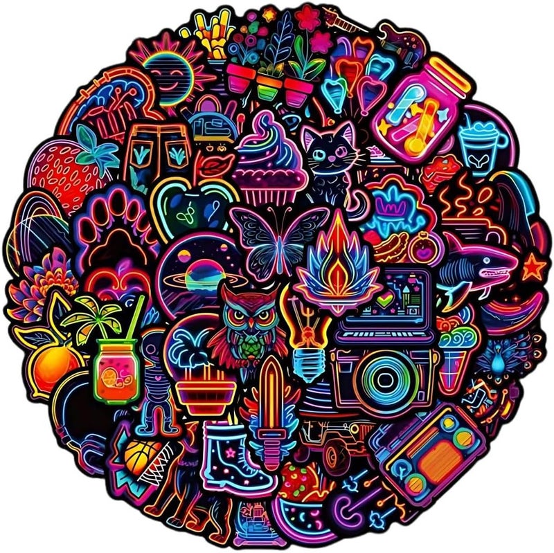 50 Pcs/Pack Neon Waterproof DIY Creative Cool Cartoon Sticker Set for Toys, Phones, Laptops, Water Bottles, Room Decor, Diverse Patterns - Image 1
