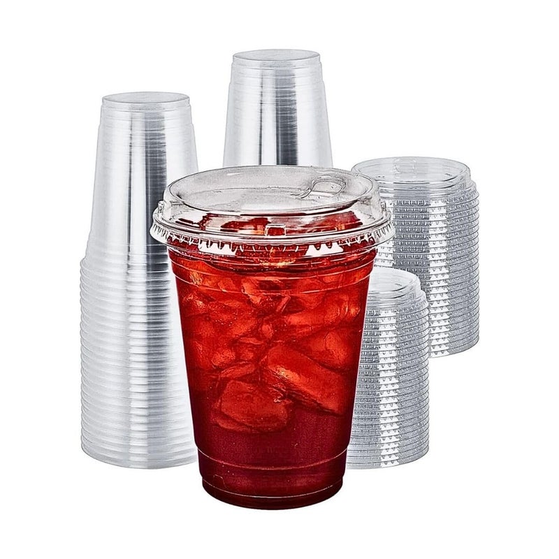 Green Direct 16 oz Disposable Plastic Clear Cups with Strawless Sip Lids for Iced Coffee 50