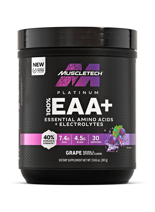 MuscleTech Platinum 100% EAA+ Essential Amino Acids + Electrolytes - 40% Increase in Strength - 7.4g EAA - 4.5g BCAA - 30 Servings - Grape Flavor - Dietary Supplement - Net Wt 13.65 oz (387g) - Image 1