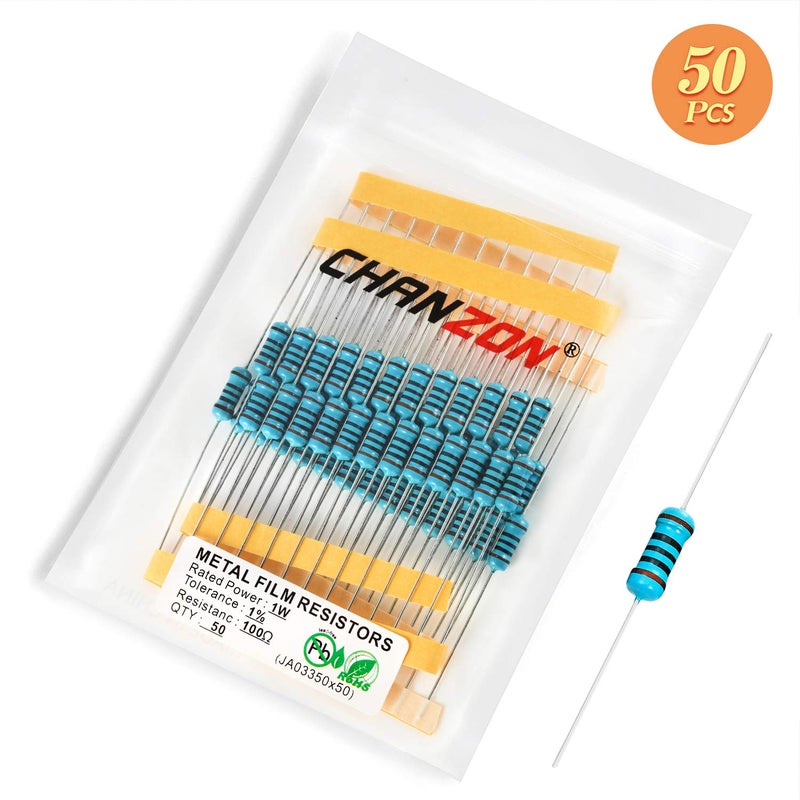 CHANZON 50 قطعة 1 واط 100 أوم مقاومة ثابتة من الفيلم المعدني 0.01 ±1% تحمل 100R MF مقاومات ثقب المرور معتمدة من روهس - Image 5