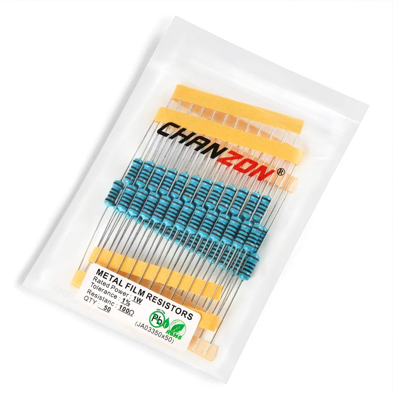 CHANZON 50 قطعة 1 واط 100 أوم مقاومة ثابتة من الفيلم المعدني 0.01 ±1% تحمل 100R MF مقاومات ثقب المرور معتمدة من روهس - Image 1