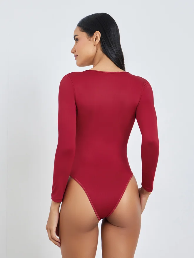 Styli  Styli Burgundy Lace and Mesh Bodysuit for Women | Best Price UAE