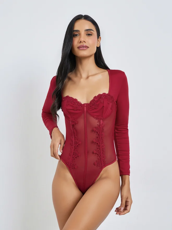 Styli Styli Burgundy Lace and Mesh Bodysuit