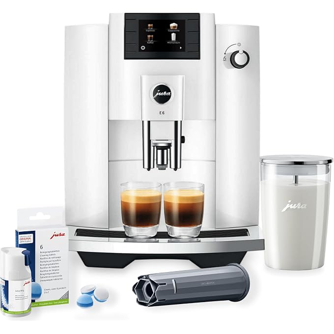 jura E6 Super Automatic Espresso Machine, Piano, 15559 (White, 5 Items) | Easy Cappuccino, AROMAG3 Grinder, P.e.p, J.o.e. App, Milk Container Plus Milk Cleaner, Claris Smart Plus Filter - Image 1