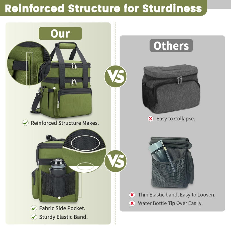 holuxer Insulated Lunch Bag & Lunch Box for Men - Double Deck Reusable Lunch Bag for Women Tote Cooler Bag Leakproof Soft Expandable - Large Lunchbox for Work/Adult/Picnic/Outdoor (Greenï¼Œ15L) - Image 4