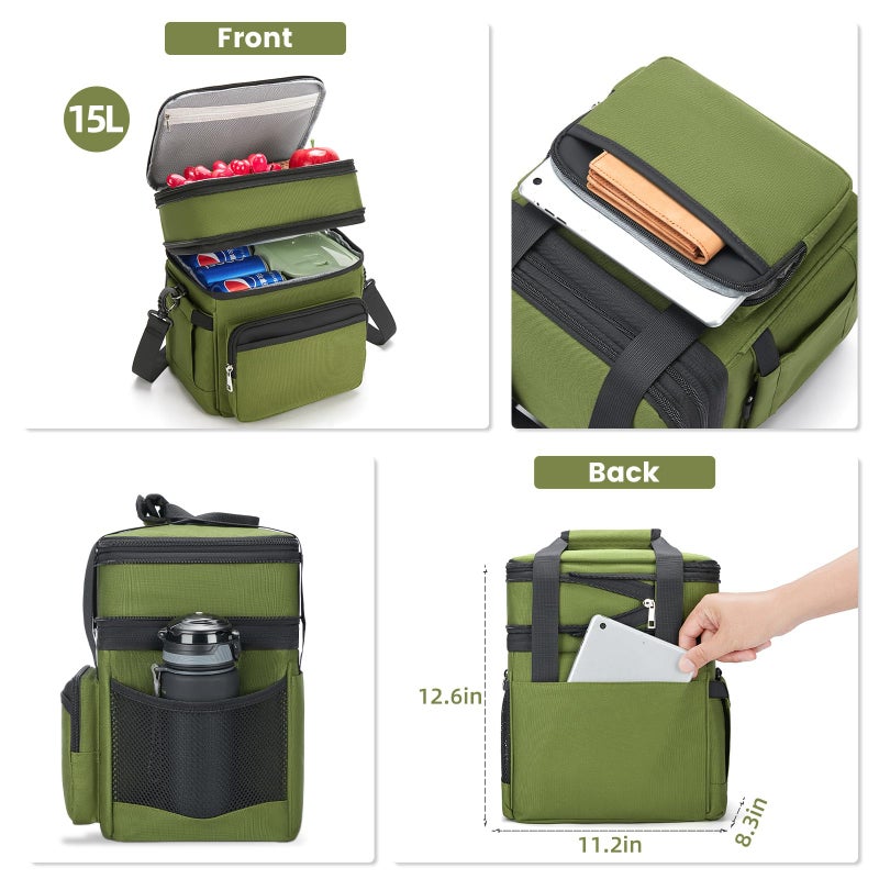 holuxer Insulated Lunch Bag & Lunch Box for Men - Double Deck Reusable Lunch Bag for Women Tote Cooler Bag Leakproof Soft Expandable - Large Lunchbox for Work/Adult/Picnic/Outdoor (Greenï¼Œ15L) - Image 3