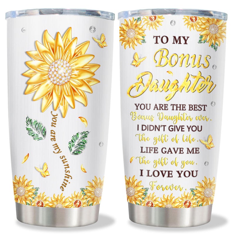 Fusui Mothers Day Mugs Gifts for Bonus Daughter Bonus Daughters Gifts from Bonus Mom Stepdaughter Graduation Valentines Christmas Birthday Gift from Stepmom Stainless Steel Tumbler 20oz