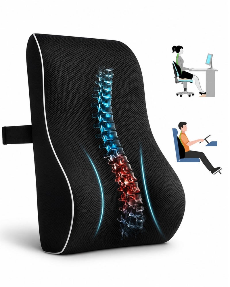 Relax Smart Lumbar Support Pillow for Office Chair Back Support Pillow for Car Computer Gaming Chair Recliner Memory Foam Back Cushion for Pain Relief Improve Posture Mesh Cover Double Adjustable Straps Black - Image 1