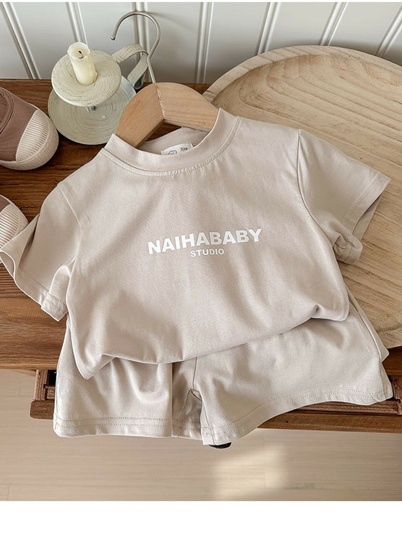 Loquat Kids Shorts Set Short Sleeve Letter Pattern T-shirt And Shorts With Two Pockets Summer Casual Set Beige
