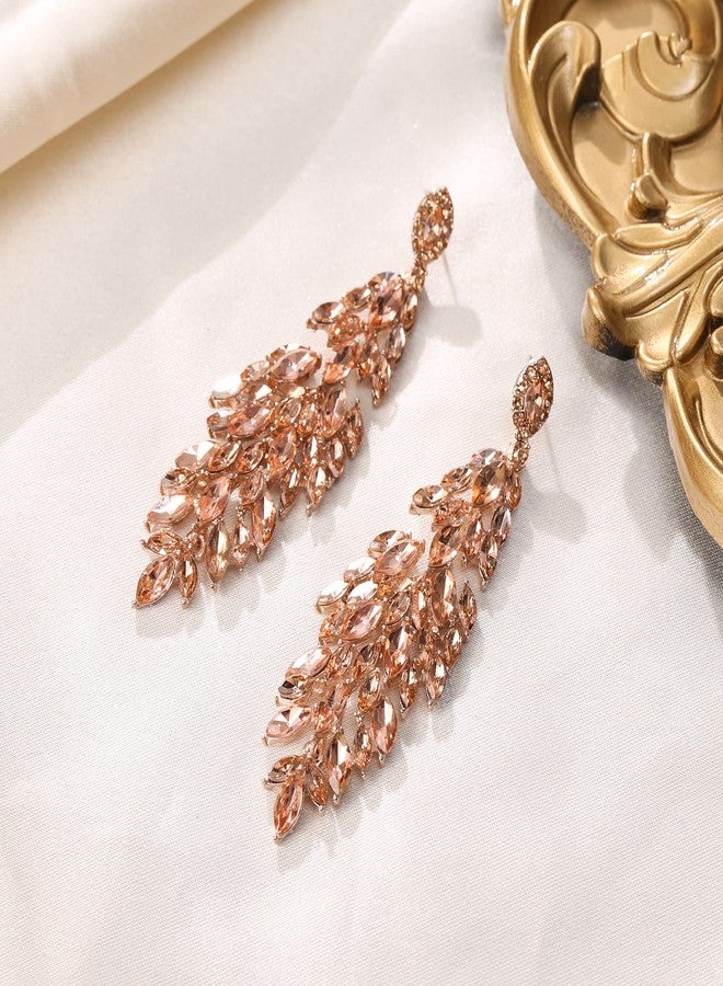 Flyonce Bridal Crystal Earrings for Wedding Party, Sparkly Marquised-shaped Rhinestone Drop Dangle Chandelier Earring Champagne Color - Image 4