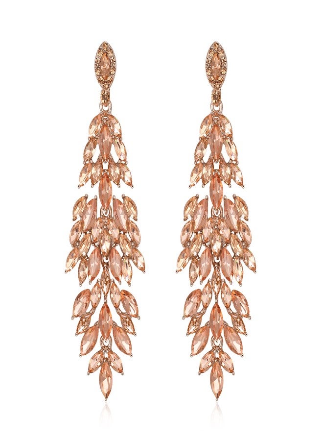 Flyonce Bridal Crystal Earrings for Wedding Party, Sparkly Marquised-shaped Rhinestone Drop Dangle Chandelier Earring Champagne Color - Image 2
