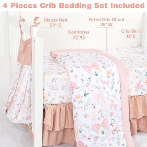 GFU Crib Bedding Set for Girls 4-Piece, Bow Baby Girl Crib Bedding Set Pink Flowes, Nursery Sets Includes Comforter, Fitted Crib Sheet, Crib Skirt, and Diaper Stacker - Image 3